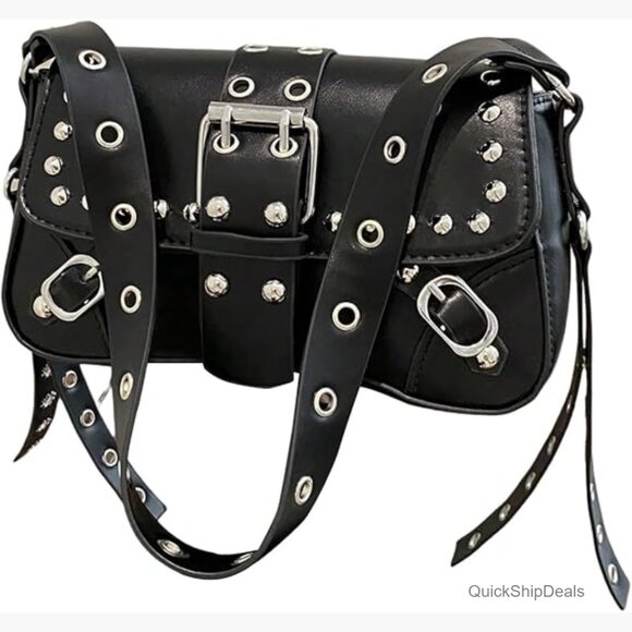 Handbags - PU Leather Shoulder Bag Punk Rivet Flap Studded Vintage Handbag